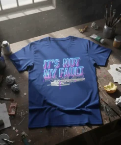 IT'S NOT MY FAULT text with glitch effect and circuit board graphic on a blue t-shirt