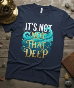 IT'S NOT NOT THAT DEEP quote with stylized ocean waves and small fish on a navy t-shirt