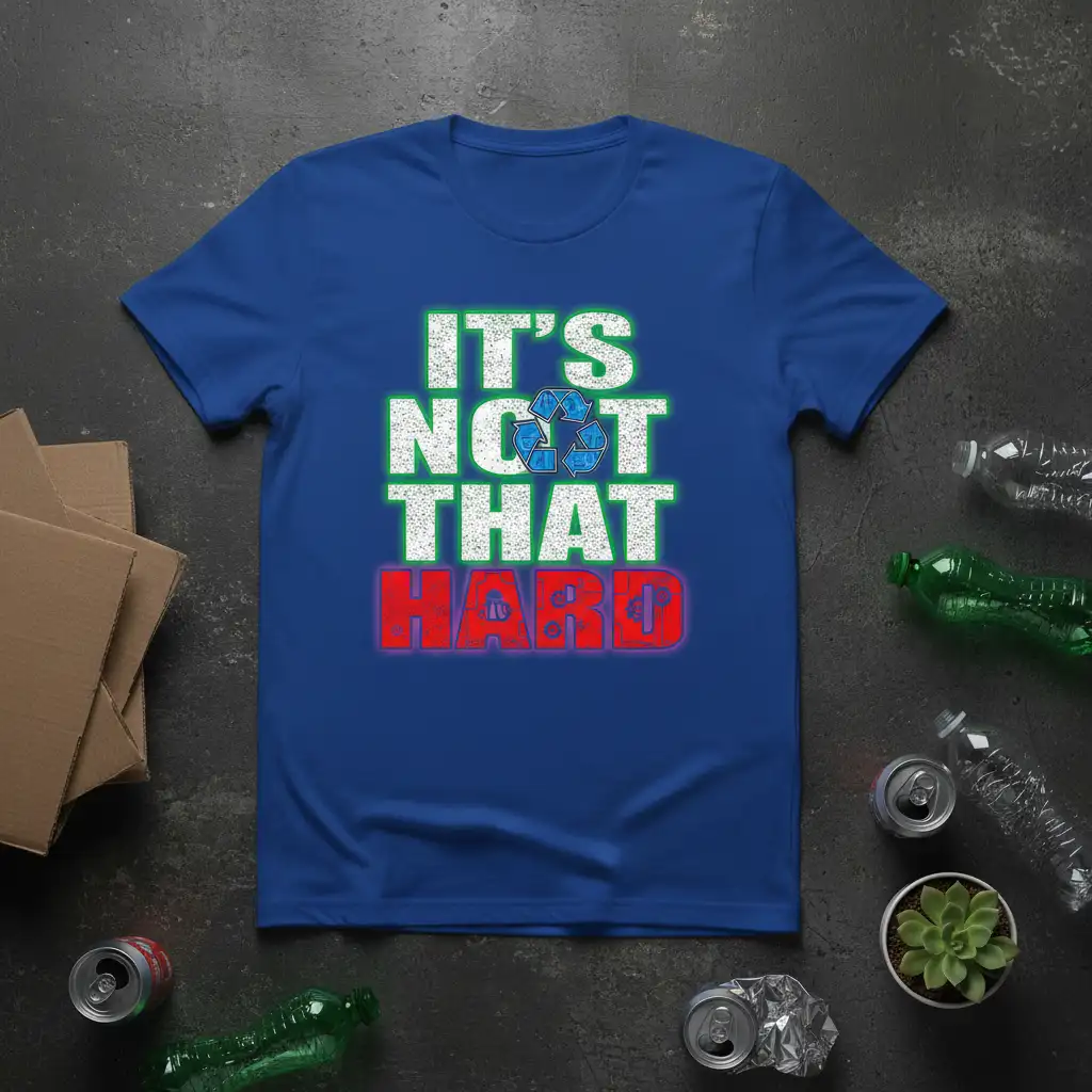 It's Not That Hard quote with recycling symbol on a blue t-shirt, advocating for environmental action