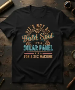 Humorous t-shirt with text "It's Not A Bald Spot It's A Solar Panel For A Sex Machine" in bold, retro
