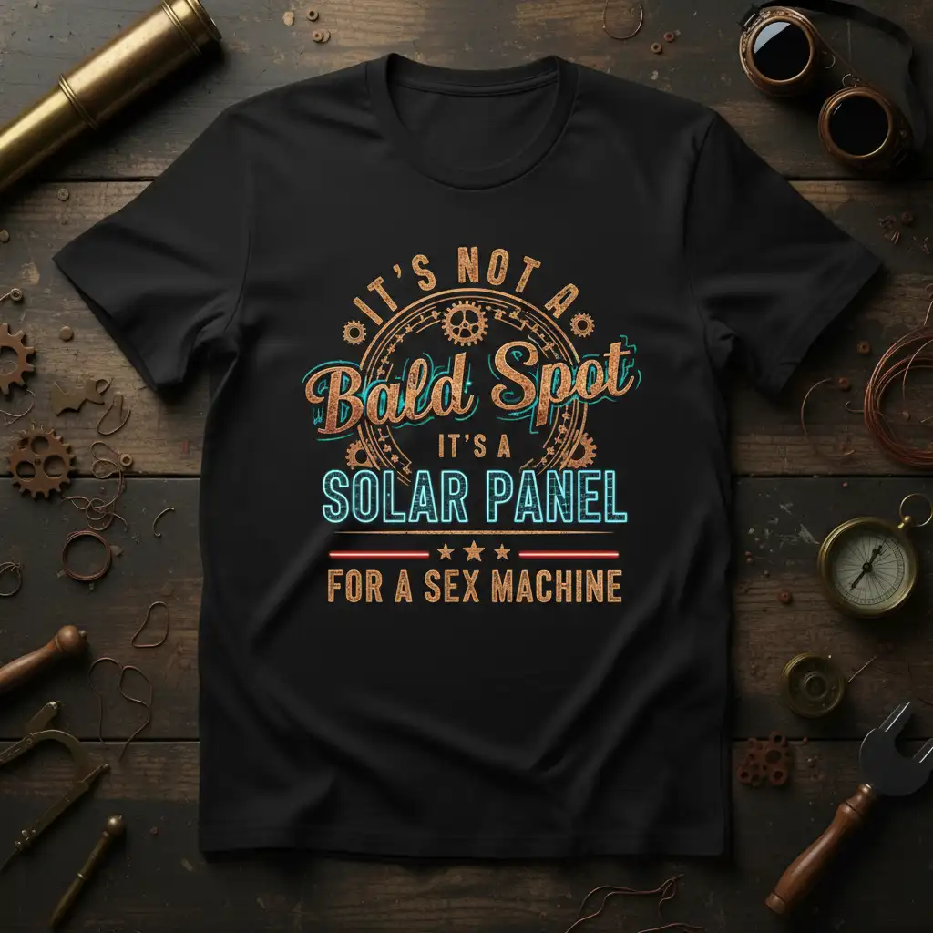 It's Not A Bald Spot It's A Solar Panel For A Sex Machine quote on black tee, featuring retro typography and gear