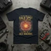 T-shirt with "It's Not A Bald Spot It's A Solar Panel For A Sex Machine" text and a glowing geodesic