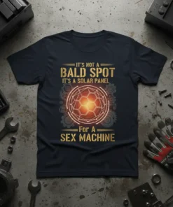 T-shirt with "It's Not A Bald Spot It's A Solar Panel For A Sex Machine" text and a glowing geodesic