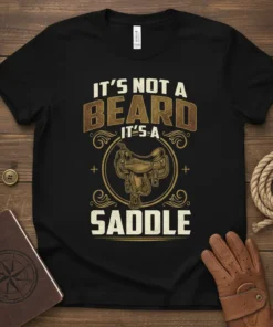 IT'S NOT A BEARD IT'S-A SADDLE text design with a vintage saddle graphic, perfect for cowboys and western wear enthusiasts