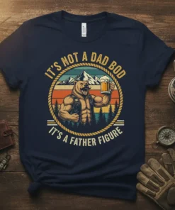 It's Not A Dad Bod It's A Father Figure T-Shirt featuring a muscular bear holding a beer, with mountains and