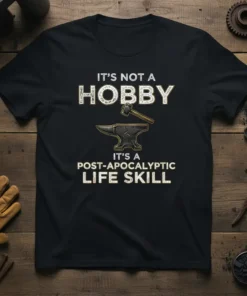 Black t-shirt with white text: "IT'S NOT A HOBBY IT'S A POST-APOCALYPTIC LIFE SKILL" featuring an anvil and hammer graphic