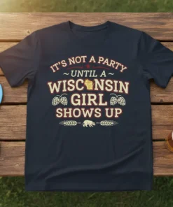 T-shirt with the quote "It's Not A Party Until A Wisconsin Girl Shows Up" in vintage style typography with Wisconsin