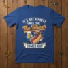 It's Not A Party Until The Wiener Comes Out text with cartoon hot dog holding beer on blue t-shirt