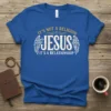 Christian t-shirt with the quote "IT'S NOT A RELIGION JESUS IT'S A RELATIONSHIP" in distressed gold and white text, featuring