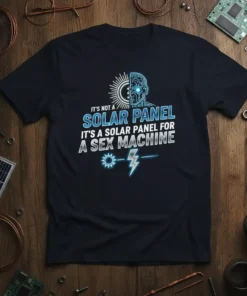 Dark t-shirt featuring the text "It's Not A Solar Panel It's A Solar Panel For A Sex Machine" with a