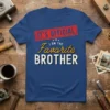 IT'S OFFICIAL! I AM THE Favorite BROTHER quote on a blue t-shirt, red stamp graphic, gold script, and distressed white