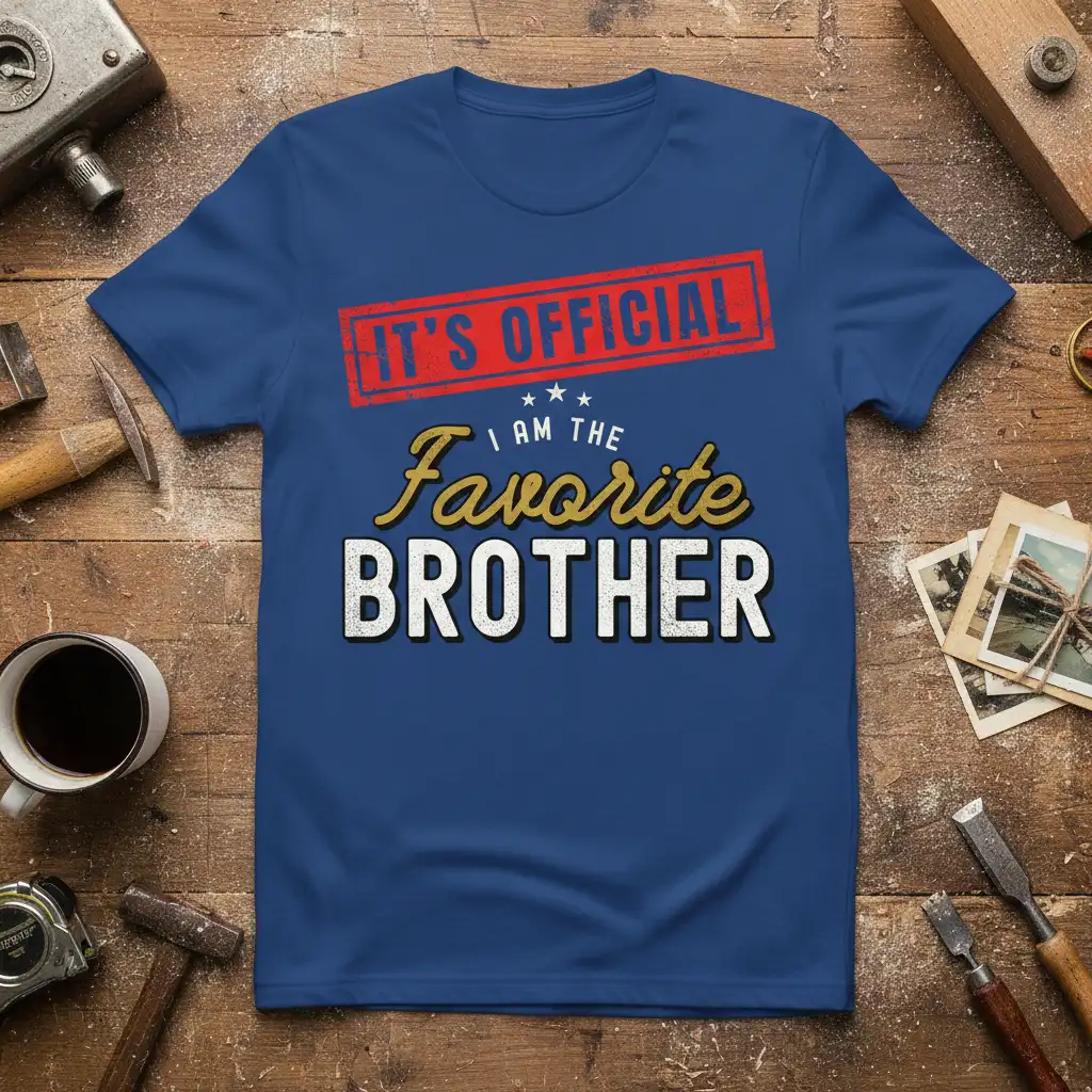 IT'S OFFICIAL! I AM THE Favorite BROTHER bold text graphic on a blue t-shirt for brothers