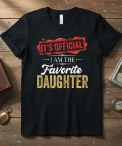 It's Official I Am The Favorite Daughter text design in red and gold on a black t-shirt