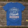 Blue t-shirt with "It's Official I Am The Favorite Daughter-In-Law" text in decorative fonts and accents