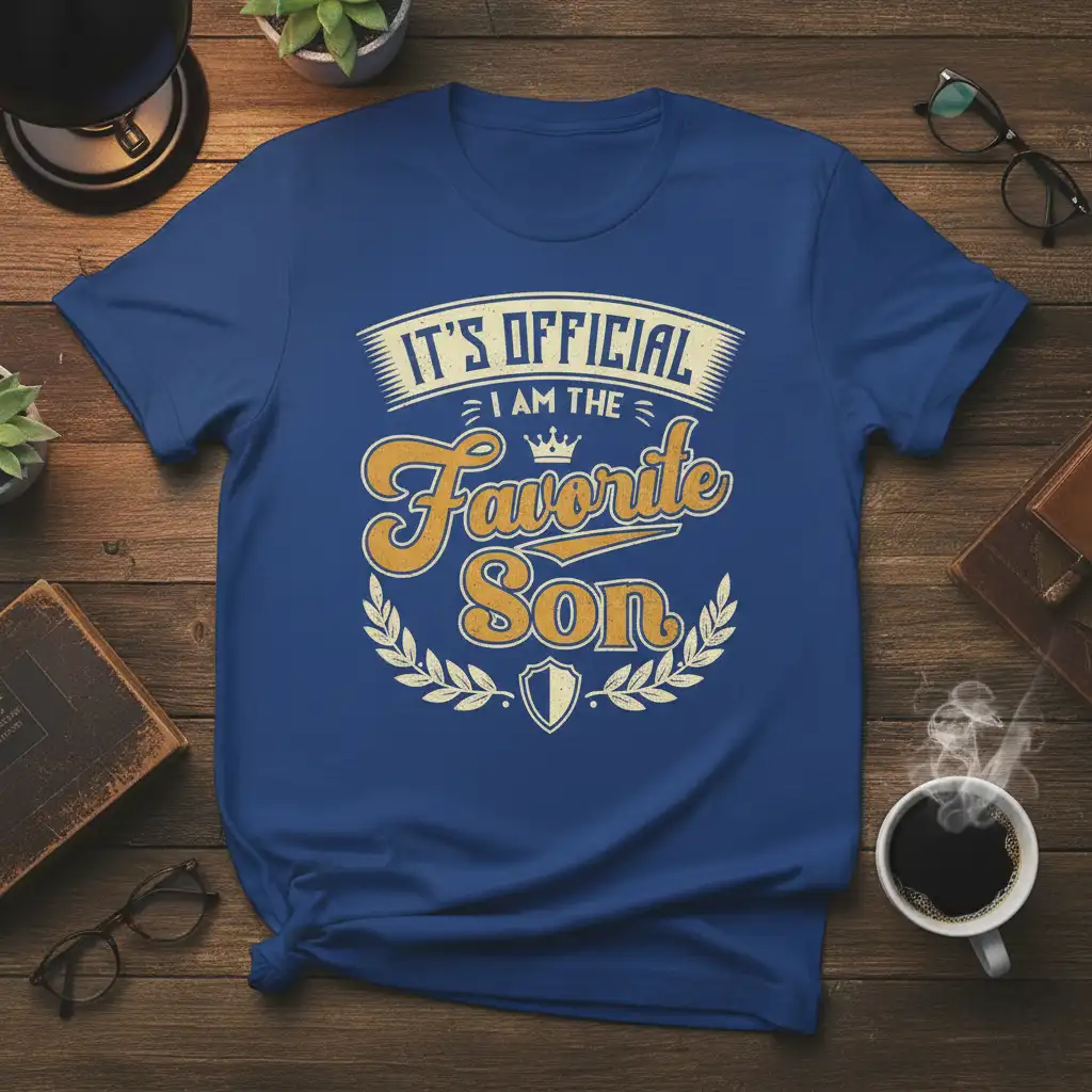 It's Official I Am The Favorite Son quote featuring retro font and laurel wreath graphic on a blue tee