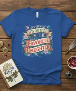 Blue t-shirt with "It's Official I'm The Favorite Daughter" quote in decorative banner and floral accents