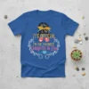 It's Official I'm The Favorite Daughter In Law quote in playful font with heart sunglasses graphic on a blue t-shirt
