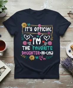 Navy blue t-shirt with "IT'S OFFICIAL I'M THE FAVORITE DAUGHTER-IN-LAW" text in colorful, playful fonts, surrounded by floral and heart