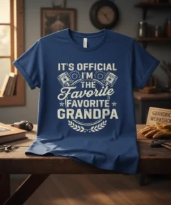 Blue t-shirt with white text that reads "IT'S OFFICIAL I'M THE FAVORITE FAVORITE GRANDPA" and includes engine piston graphics