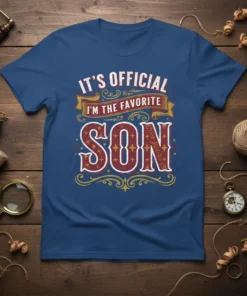 It's Official I'm The Favorite Son text design on a blue t-shirt with retro styling and star accents