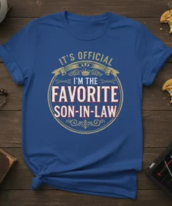 It's Official I'm The Favorite Son-In-Law text design with vintage ribbon and crown graphic