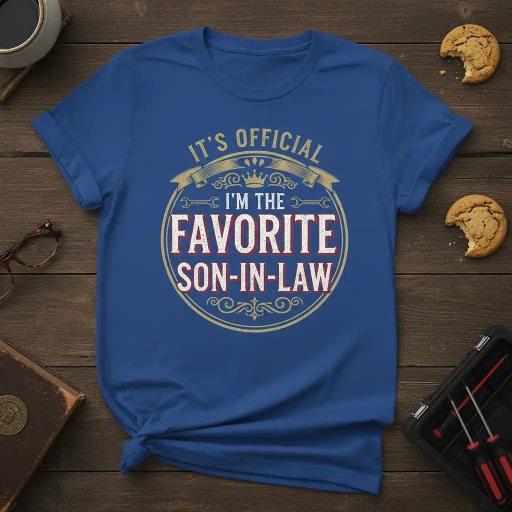 It's Official I'm The Favorite Son-In-Law quote t-shirt with vintage circular design