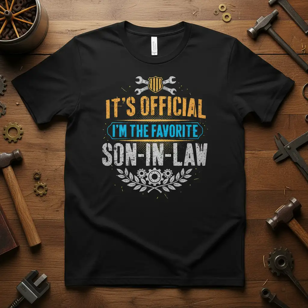 It's Official I'm The Favorite Son-In-Law quote with industrial tools graphic on a black tee