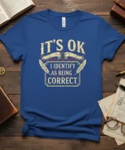 Blue t-shirt with "IT'S OK I IDENTIFY AS BEING CORRECT" in distressed yellow and white text, featuring decorative banners and