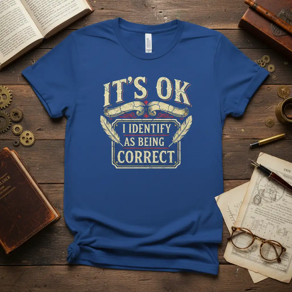 IT'S OK I IDENTIFY AS BEING CORRECT quote in distressed font on a blue t-shirt, with decorative banners and feathers