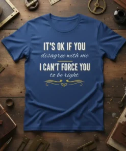 Blue t-shirt with the quote "IT'S OK IF YOU disagree with me I CAN'T FORCE YOU to be right" in