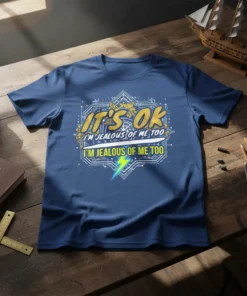 Blue t-shirt with bold yellow and white text: "IT'S OK I'M JEALOUS OF ME TOO I'M JEALOUS OF ME TOO"