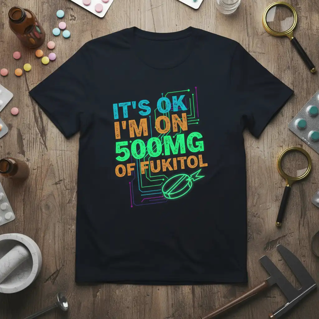 IT'S OK I'M ON 500MG OF FUKITOL quote with pill graphic on black t-shirt
