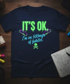 IT'S OK. I'm on 500mgs of fukitol. funny t-shirt with neon green and blue text and skull graphic