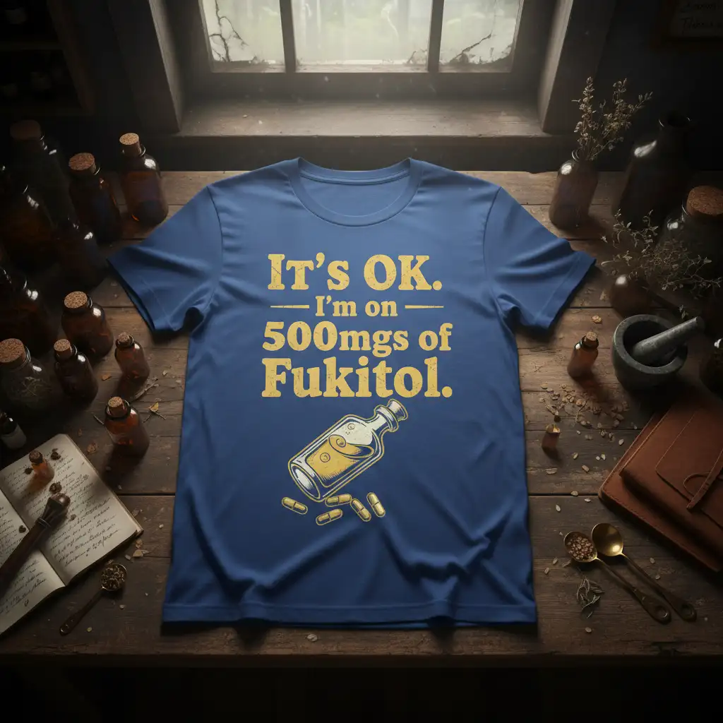 It's OK. I'm on 500mgs of Fukitol funny quote tee with bottle and pills graphic
