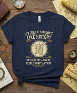 Navy t-shirt with "It's Okay If You Don't Like History It's Kind Onf A Smart People Hobby Anyway" text and