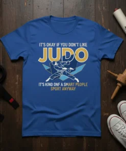 Blue t-shirt with white and gold text reading "It's Okay If You Don't Like Judo It's Kind Onf A Smart