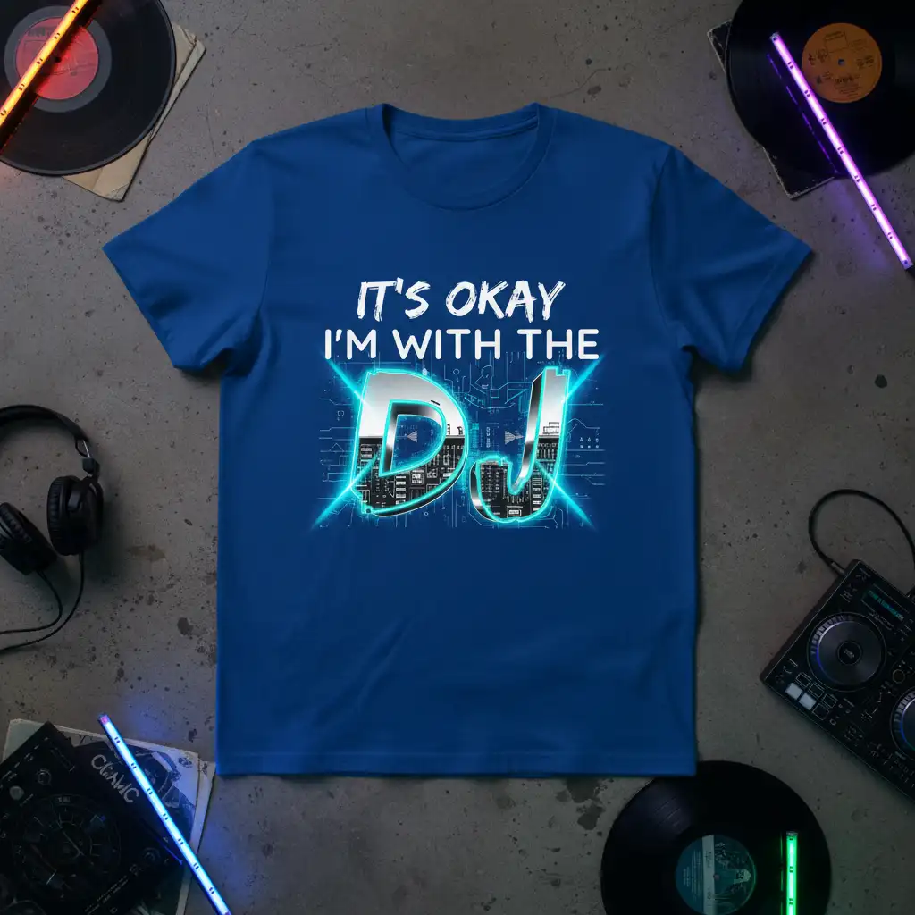 It's Okay I'm With The DJ text and graphic on a blue t-shirt, perfect for music enthusiasts