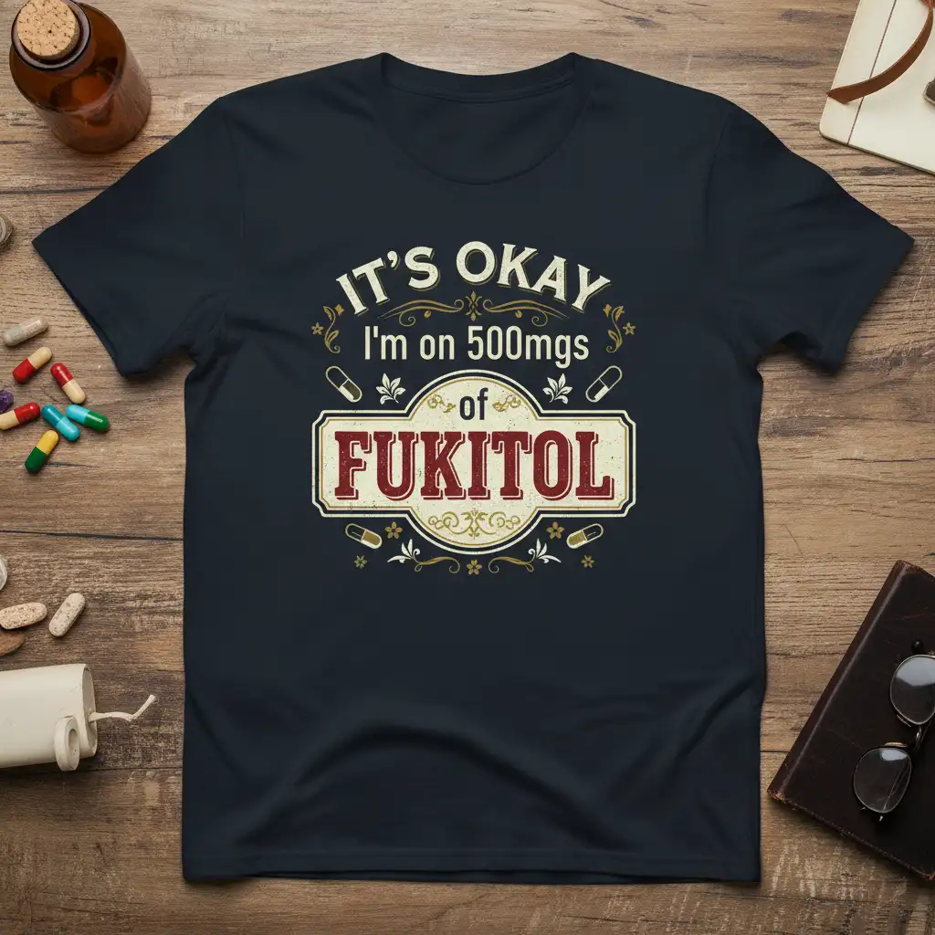 IT'S OKAY I'm on 500mgs of FUKITOL humorous quote on a dark navy t-shirt with pill graphics