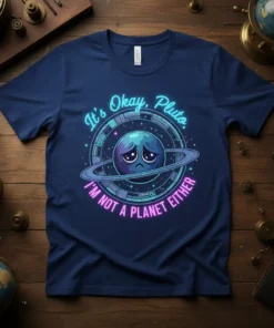 It's Okay, Pluto. I'm NOT A PLANET EITHER t-shirt design featuring a sad Pluto character in space