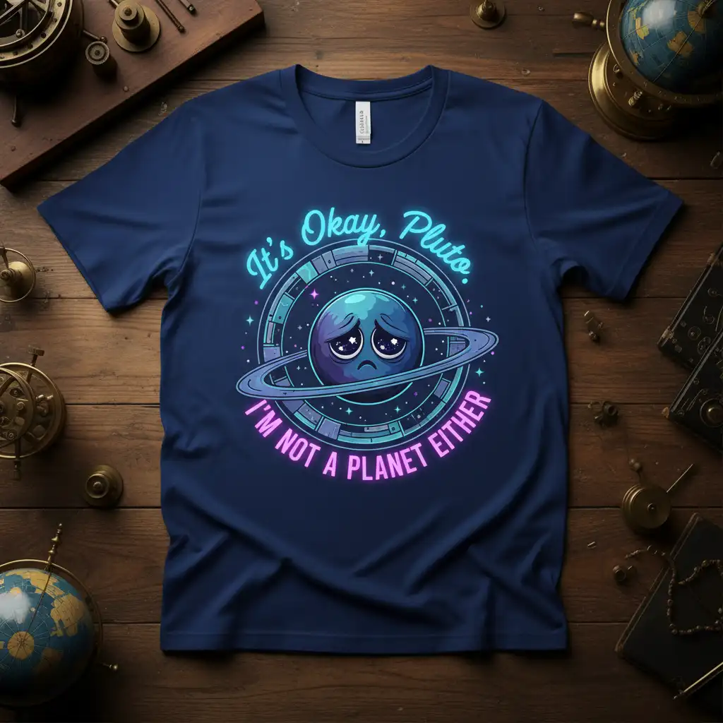 It's Okay, Pluto. I'm NOT A PLANET EITHER humorous space quote t-shirt design with a sad Pluto graphic
