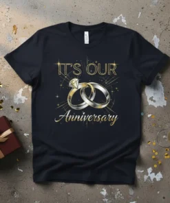 It's Our Anniversary couples t-shirt with golden rings graphic and sparkling accents