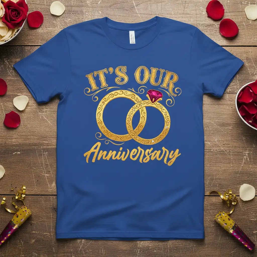 IT'S OUR Anniversary text with intertwined gold wedding rings and ruby gemstone on blue t-shirt