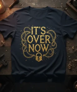 It's Over Now quote on a dark t-shirt with a gold broken lock and chain graphic