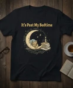 It's Past My Bedtime quote above a sleeping bear on the moon with books graphic, yellow and blue tones