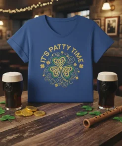 Blue t-shirt with "IT'S PATTY TIME" text and a green and gold shamrock design, perfect for St. Patrick's Day