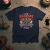 It's Raceday Y'All t-shirt design with a V8 engine, flames, and checkered flags, suitable for racing fans