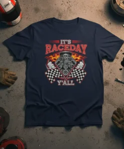 It's Raceday Y'All t-shirt design with a V8 engine, flames, and checkered flags, suitable for racing fans
