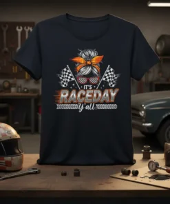 IT'S RACEDAY y'all text with checkered flags and racing graphic on a black t-shirt