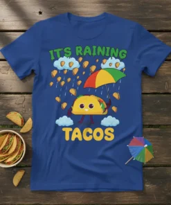 It's Raining Tacos graphic t-shirt design with a cute taco character holding an umbrella, surrounded by falling tacos