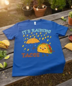 Blue t-shirt with "IT'S RAINING TACOS" text and a smiling taco holding an umbrella under a taco rain shower